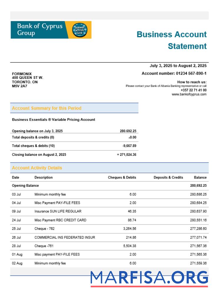 Printable Bank of Cypriot firm account statement Word and PDF format template